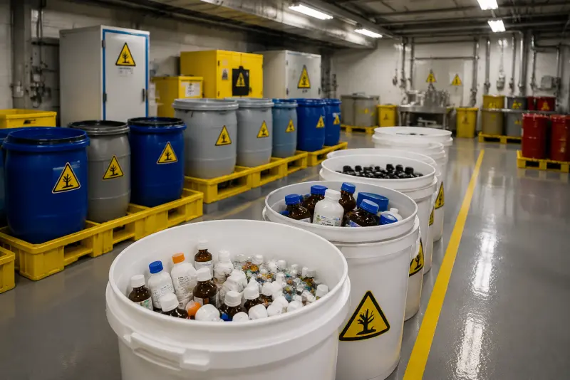 香港制药业废物专业处置设施：化学废液分类存储、过期药品安全包装、合规处置流程示意
